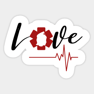 Love Nursing black text design with red Nurse star, silhouette and heartbeat Sticker